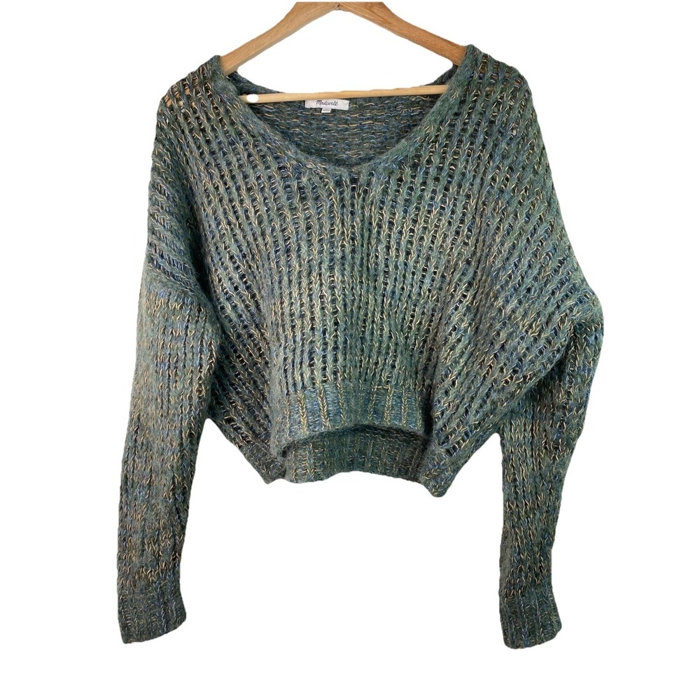 Madewell Women's S Green Alpaca Wool Blend V-Neck Crop Pullover Sweater